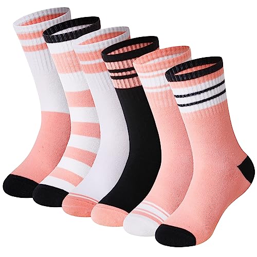 Eyean Girls Athletic Crew Socks Kids Cotton Sports Soft Breathable Casual Socks 6 Pairs (3-5 Years,Striped D)