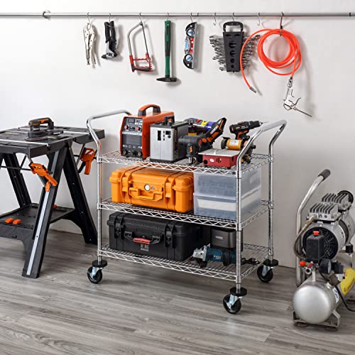Finnhomy 3-Tier Commercial Grade Rolling Cart, Heavy Duty Utility Cart with Wheels and Handles, Metal Kitchen Carts on Wheels with 500 lbs Capacity, Shelf Size 20" D x 36" W, NSF