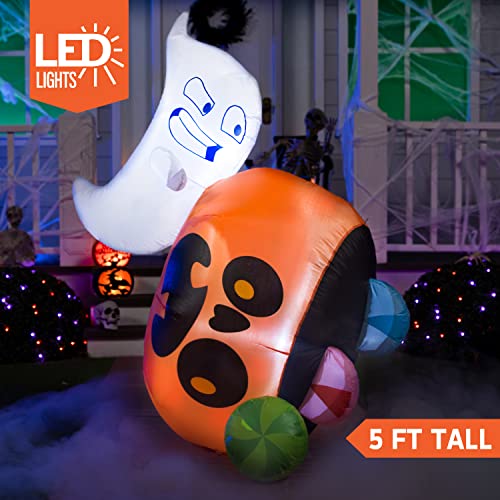 Joiedomi 5 ft Tall Halloween Inflatable Outdoor Decoration, Halloween Blow Ups Cute Ghost Ghosts Halloween Decorations, Blow Up Ghost with Pumpkin Candy Bag with LEDs for Halloween Decor