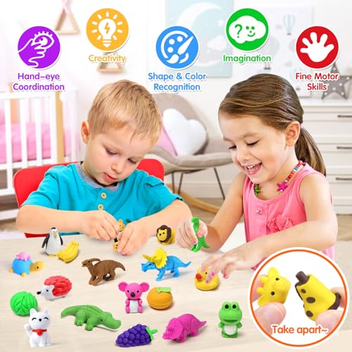 Arscniek 40 Pack Pencil Erasers for Kids Bulk Toys, Puzzle Animal Erasers 3D Mini Erasers Take Apart Food Erasers, Party Favors Desk Pets Classroom Prizes Treasure Box Stocking Stuffers for Kids