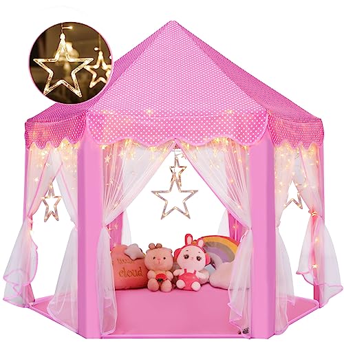 Monobeach Princess Castle Play Tent for Girls - Large 55'' x 53'' Playhouse with Star Lights for Indoor and Outdoor Play