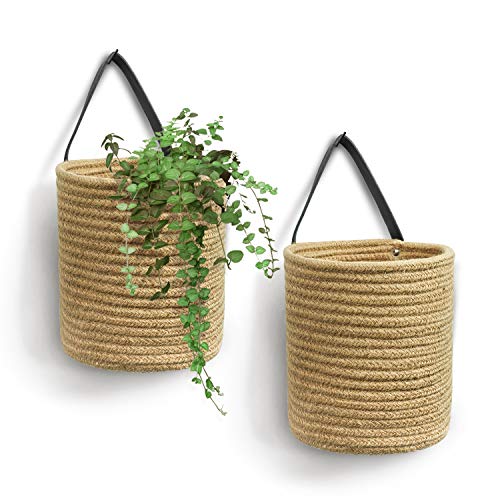 Goodpick 2pack Jute Hanging Basket - Small Woven Fern Hanging Rope Basket Flower Plants Wall Basket Decor Set Boho, 7.87 x 7 x 11.7 inches