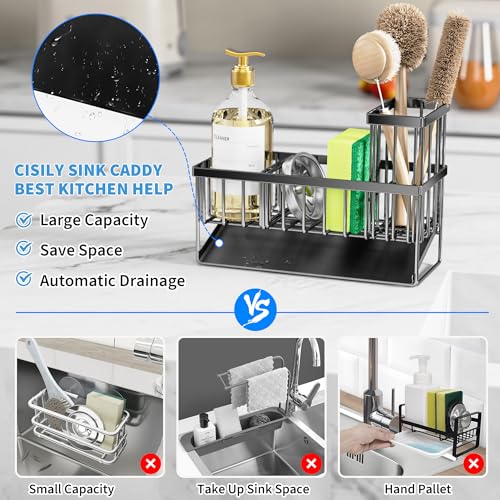 Cisily Kitchen Sink Caddy, Sponge Holder for Kitchen Sink, Kitchen Sink Organzier and Storage with High Brush Holder, Rustproof 304 Stainless Kitchen Gadgets Dish Sponge Organizer with Divider