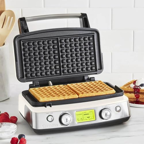 GreenPan Elite 2-Square Belgian & Classic Waffle Iron, Healthy Ceramic Nonstick Aluminum Dishwasher Safe Plates, Adjustable Shade/Crunch Controls, Wont Overflow, Easy Cleanup Breakfast, Black