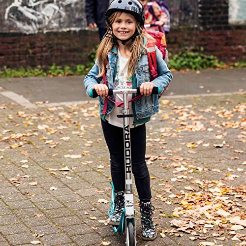 HUDORA Scooter for Kids with 80Six Helmet Bundle, Blue Wheels, Ages 8+