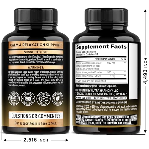 Ashwagandha Supplements 1800mg - USDA Organic Ashwagandha for Women & Men - Clinically Effective Strength for Stress Relief & Sleep - Powder & Root Extract 2.5% Withanolides - Made in USA 100 Capsules