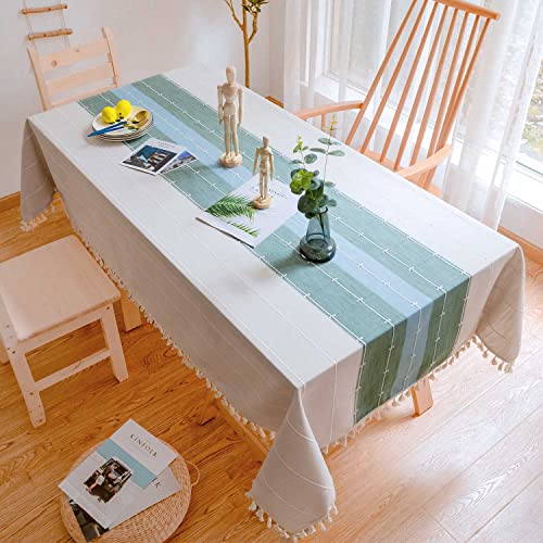 BESBESME Rustic Linen Plaid Table Cloth Boho Style Cream,Kitchen Dining Room Tablecloths for Square Tables, Washable Wrinkle Resistant,Blue/Green 55 x 55 inches