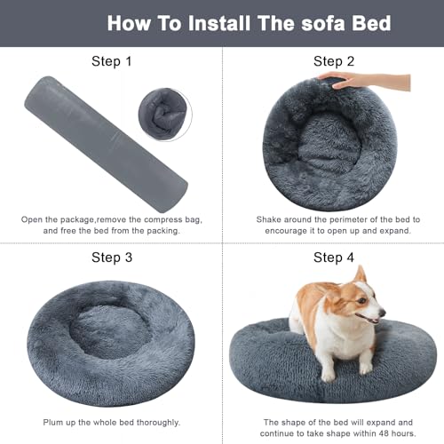 Dog Bed for Small Medium Dogs, 24 inch Calming Dogs & Cat Bed, Washable Round Cozy Soft Pet Bed for Puppy and Kitten with Slip-Resistant Bottom, Fluffy Plush Faux Fur Donut Cuddler Dog Bed