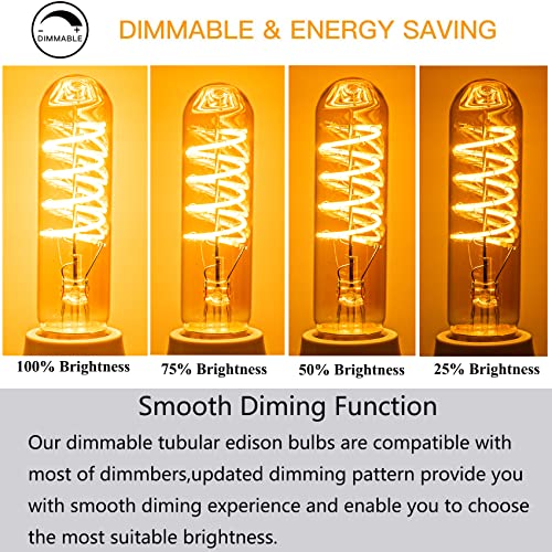 T10 LED Bulbs 40 Watt Equivalent 4W Dimmable Edison Tubular Light Bulb E26 Medium Base 2700K Warm White, T10 Vintage Amber Glass Spiral Filament LED Light Bulb, 2 Pack