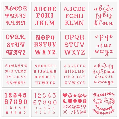 6x6in Alphabet Letter Cookie Stencils for Royal Icing, Letter & Number Stencils for Sugar Cookie, 16 Pcs Assorted Sizes Alphabet & Number Stencils for Baking Drawing Dessert Coffee Decoration