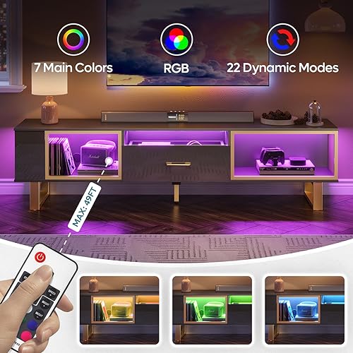 Bestier TV Stand for 65/70/75/80 Inch TV, LED Gaming Entertainment Center with Open Storage and Half-Glass Design Drawer, Modern High Gloss TV Console Table for Living Room, Black and Gold