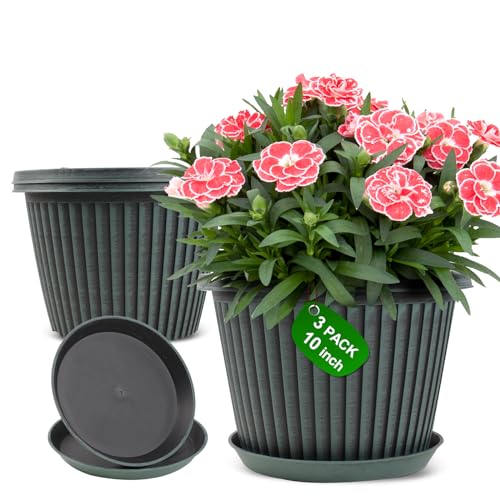 Myfeegoin Planter-Pots-for-Plants-Indoor-Outdoor, 3 Pack 10 Inch Plastic Flower Pots with Saucer & Drainage Holes, Modern Garden Planters for Planting Medium Large Plants，Decorative Resin Garden Pots