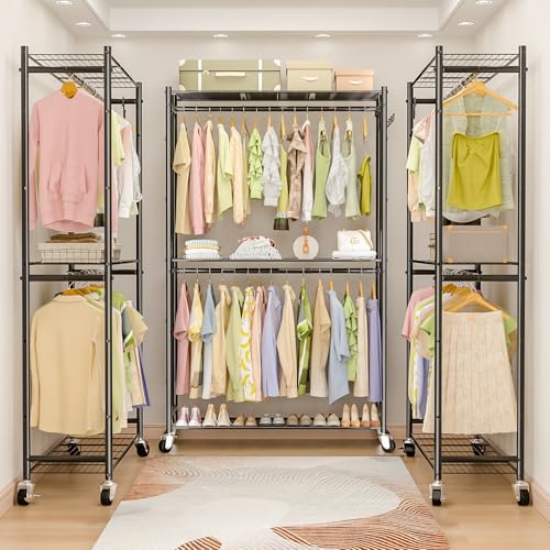 Neatrays Rolling Clothes Rack for Hanging Clothes, Metal Clothing Garment Rack with Double Rods & 3 Wire Shelves, Portable Wardrobe Closet with Wheels