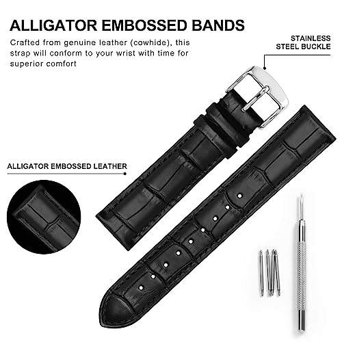 BISONSTRAP Watch Bands 20mm, Alligator Embossed Leather Watch Straps, Black with Silver Buckle