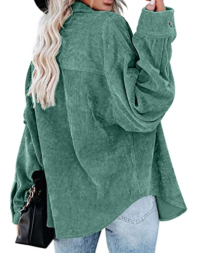 QIXING Womens 2024 Corduroy Button Down Shirt Casual Oversized Long Sleeve Blouses Tops Green-M