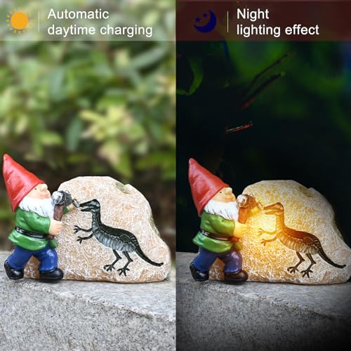 Yiosax Garden Gnome Statues-Solar Gnomes Statues-Outdoor Gnome Figurine Decor Dinosaur Resin Decoration for Patio Yard Lawn Ornament Dwarf Gift for Woman 5.5 Inches