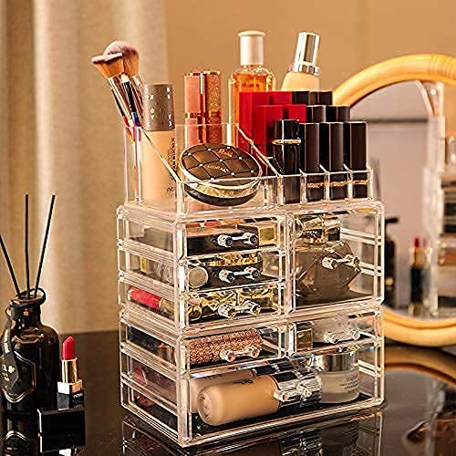 Cq acrylic 3 Pack Clear Makeup Organizer Countertop,Stackable 7 Drawers Skincare Organizer,Cute Skin Care Organizer for Vanity Hair Clip,Jewelry,Beauty Product Desk and Make Up Organizers for Vanity