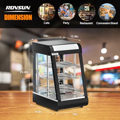ROVSUN 15" Commercial Food Warmer Display Pizza Warmer, 3-Tier Electric Countertop Food Warmer w/LED Lighting Adjustable Removable Shelves Glass Door, Pastry Display Case for Buffet Restaurant, 1000W
