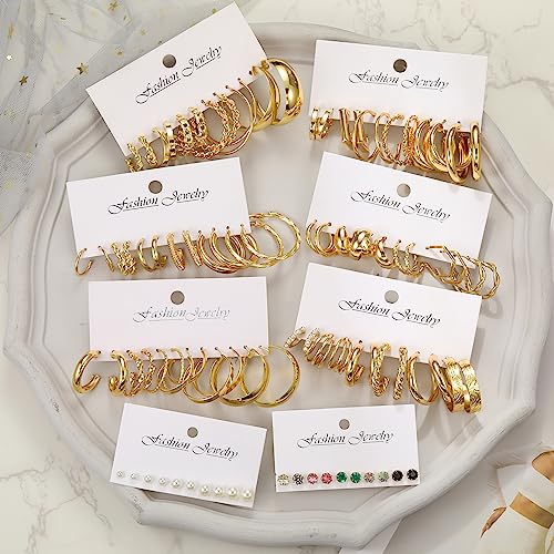 46 Pairs Gold Hoop Earrings Set for Women, Fashion Hypoallergenic Chunky Twisted Pearl Stud Earrings Multipack, Small Big Hoops Earring Packs Trendy for Christmas Birthday Party Jewelry Gift