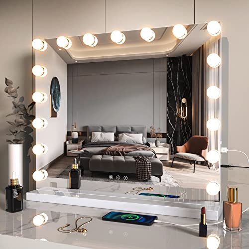 ZL ZELing Vanity Mirror Makeup Mirror with Lights,23.6" x 19.6"Large Tabletop Light up Mirror with 17Bulbs,10X Magnification,USB Charging Port,3 Color Touch Control Dimmable Lights.