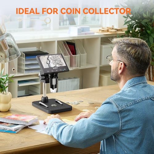 Elikliv Coin Microscope, 4.3'' LCD Digital Microscope 1000x, Coin Magnifier with 8 Adjustable LED Lights, PC View Compatible with Windows/Mac, EDM4B, Black