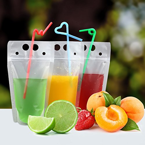 100 Pcs Drink Pouches with 100 Straw Holes, Freezable Juice Pouches, Translucent Reclosable Zipper Plastic Pouches Drink Bags for Cold & Hot Drinks for Adults and Kids