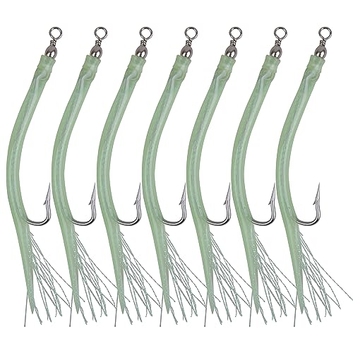 8 Packs Rubber Bass Tube Lures Cod Rig Teaser with Stainless Steel Hook Barrel Swivels Class Striped Bass Tube Lure Trolling Bass Cod Fishing EEL Hook Green 7/0