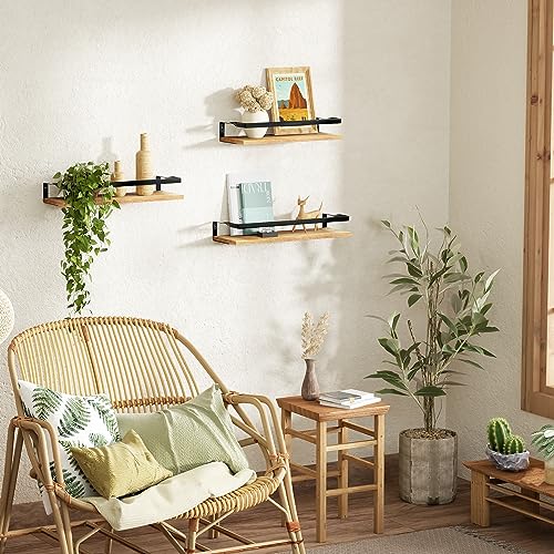 upsimples Bathroom Floating Shelves Wall Mounted Shelving with Removable Towel Bar, Wall Decor and Organizer for Bathroom, Bedroom, Living Room, Kitchen, Light Brown,Set of 3