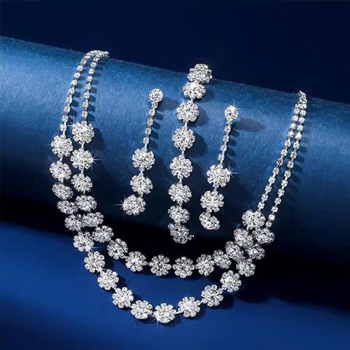 HUASAI Wedding Jewelry Sets for Brides Silver Prom Jewelry Rhinestone Necklace Earrings Bracelet Set for Party Wedding Graduation Bridesmaid Prom Dresses 2024 Accessories