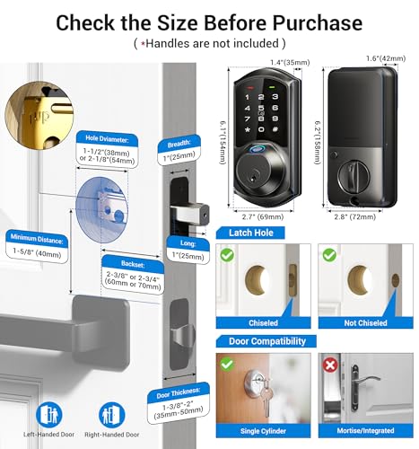 Veise Fingerprint Smart Lock for Front Door, 7-in-1 Keyless Entry Deadbolt with App Control, Electronic Digital Locks with Touchscreen Keypad, Auto Lock, Easy Install, Waterproof, Matte Black