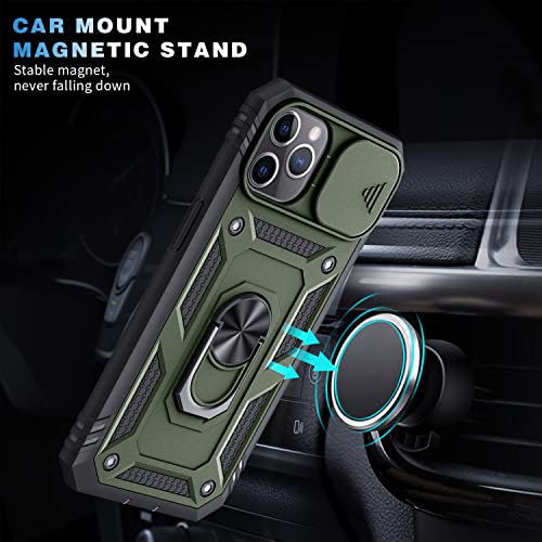 PASNEW for iPhone 11 Pro Max Case,Magnetic Car Mount Holder Kickstand & Camera Cover Slide,Charge Port Dust Plug,Military Rugged Heavy Duty Full Body Shockproof Drop Shell 11Promax,Army Green