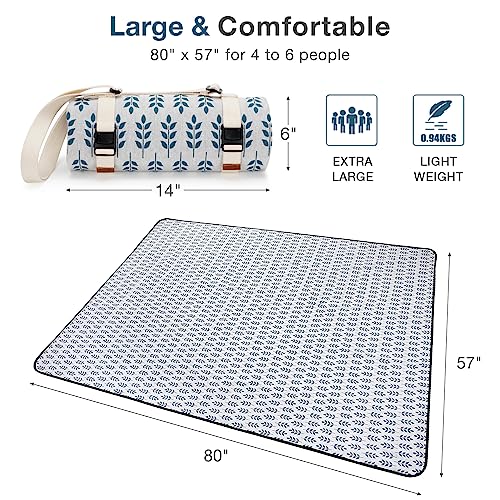 WILLOW WEAVE Picnic Blankets Washable | Beach Mat Sand Free Waterproof | Camping Blankets | Emergency Blankets | Picnic Baskets Accessories with Waterproof Backing and Shoulder Strap - BlueLeaf