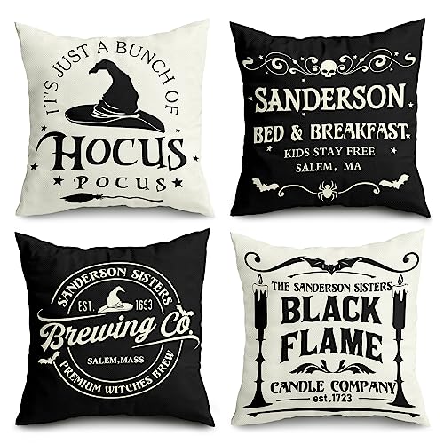 Halloween Decorations Pillow Covers 16x16 Set of 4 Halloween Decor Hocus Pocus Farmhouse Saying White Black Outdoor/Indoor Fall Pillow Covers Decorative Cushion Cases for Home Sofa Couch Bed Chair