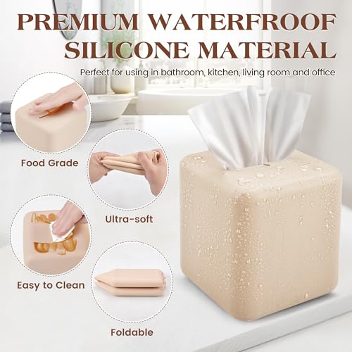 AOTASO Silicone Tissue Box Cover, Square Tissue Box Holder for Bathroom, Decorative Box Covers for Kleenex Cube, Accessories for Table Car Office (Beige)