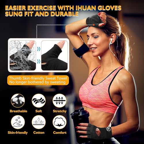 ihuan New Breathable Workout Gloves for Women & Men - No More Sweaty & Full Palm Protection Gym Exercise, Cycling， Fitness, Weightlifting, Pull-ups, Deadlifting, Rowing