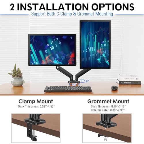 MOUNTUP Dual Monitor Stand for Desk, Adjustable Gas Spring Double Monitor Mount Holds 4.4-17.6 lbs and 13-32 Inch Screens, Monitor Arms for 2 Monitors, VESA 75x75 100x100 with C-clamp& Grommet, Black