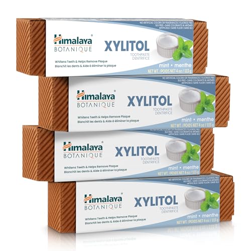 Himalaya Botanique Whitening Antiplaque Toothpaste with Xylitol, Fluoride Free, for Plaque Reduction & Gentle Whitening, 4 oz, 4 Pack