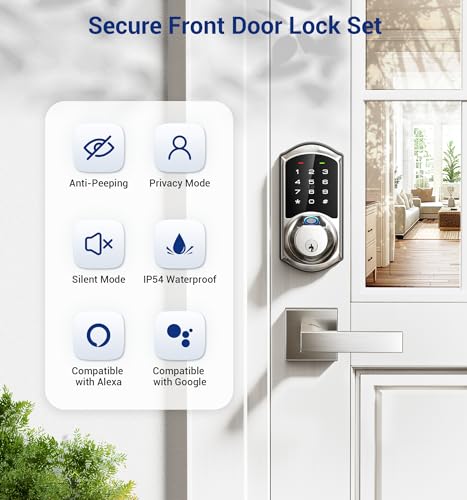 Veise Fingerprint Smart Locks for Front Door with 2 Lever Handle Set, App Control, Keyless Entry, Electronic Digital Keypad Deadbolt, Auto Lock, Waterproof, Easy to Install, Satin Nickel