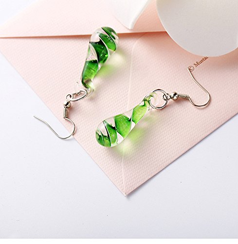 Glass Water Drop Shape Glaze Spiral Dangle Earrings Lampwork Handmade Glass Bead Geometric Earrings for Women Jewelry-Green