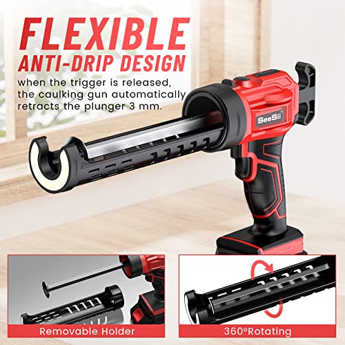 Seesii Cordless Caulking Gun[2024 Upgraded], 21V Battery Powered Caulk Gun w/2 x 2.0AH Batteries, Electric Caulking Gun w/LED Light, 4 Speeds, Auto Retract, Adhesive Gun Kit for Filling, Sealing