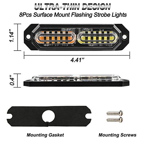 ASPL 8pcs Sync Feature Ultra Slim 12-LED Surface Mount Flashing Strobe Lights for Truck Car Vehicle LED Mini Grille Light Head Emergency Beacon Hazard Warning lights (Amber)