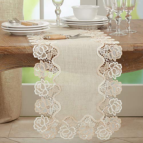 SARO LIFESTYLE June Collection Lace Rose Border Table Runner, 16" x 120", Natural