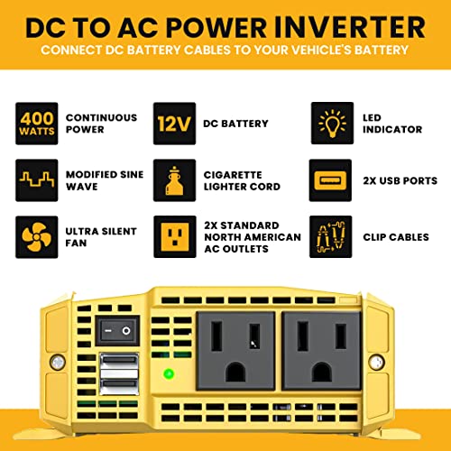 Krieger 400 Watt 12V DC to 110V AC Car Power Inverter 2 Outlets, 2 USB Ports, Cigarette Lighter Plug & Clamps for Vehicles, Road Trip Essentials Camping Accessories- ETL Certified to UL & CSA Standard