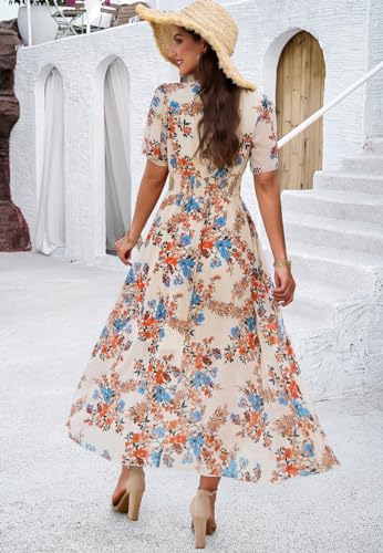 Galocmo Women Floral Maxi Dress, V-Neck Short Sleeve Empire Waist Summer Dress, Boho Flowy Smocked Long Dress Apricot