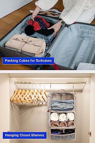 ELEZAY Hanging Packing Cubes Portable Closet 3-Shelf Travel Collapsible Compression Garment Organizer for Carry-on Luggage Suitcase Space Saver Bag X-Large_No Side Pockets, Beige