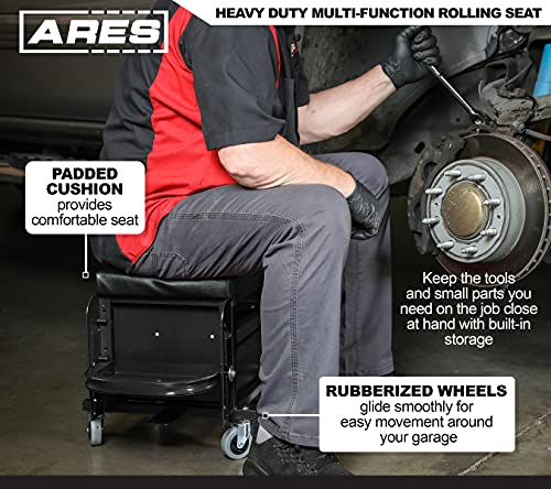 ARES 62029 – Heavy Duty Rolling Shop Stool - Square Mechanic's Black Shop Seat - Multi-Function with Padded Seat Cushion, Tool Storage Drawer and Tray – Rugged Steel Construction Holds Up to 350 LB