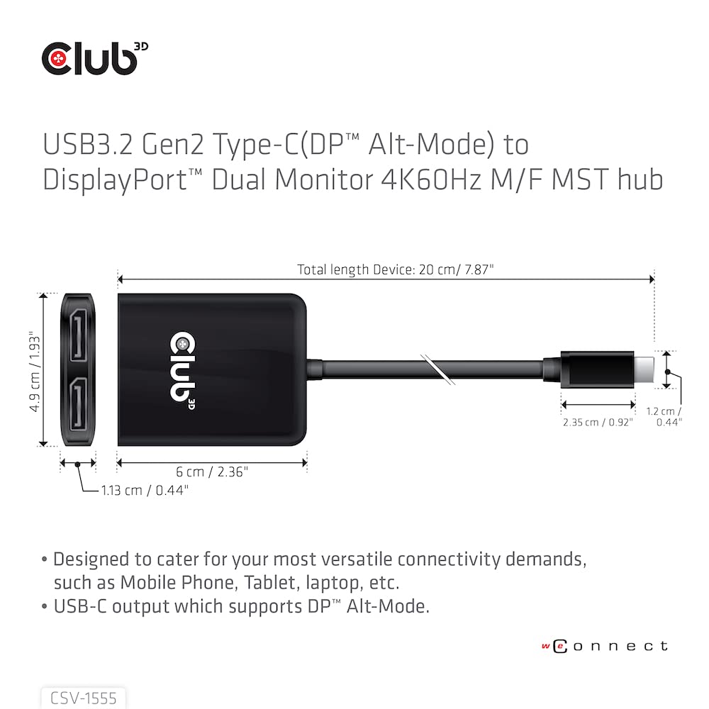 Club 3D CSV-1555 USB3.2 Gen2 Type-C(DP Alt-Mode) to DisplayPort Dual Monitor 4K60Hz M/F MST hub