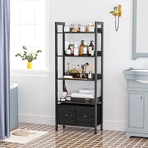 Furologee 5-Tier Bookshelf, Tall Bookcase with 2 Storage Drawers, Industrial Display Standing Shelf Units, Wood and Metal Storage Shelf for Living Room, Bedroom, Home Office, Black Oak