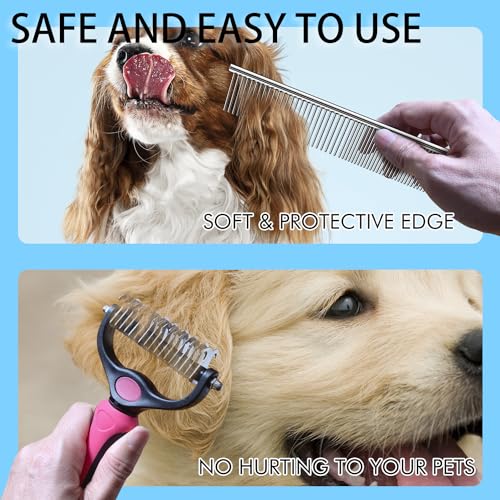 OneCut Pet Grooming Brush and Metal Comb Combo, Pet Grooming Rake and Brushes for Small, Medium & Large Dogs Double Sided Deshedding Tool Removes Knots and Tangled Hair (Blue)