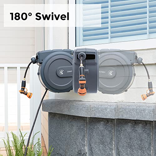 Giraffe Tools Metal Retractable Hose Reel 130 FT Wall Mounted Heavy Duty Hose Reel with 9 Pattern Nozzle 180 Deg Swivel, Metal Bracket Any Length Lock (1/2 130FT PRO, Dark Grey)